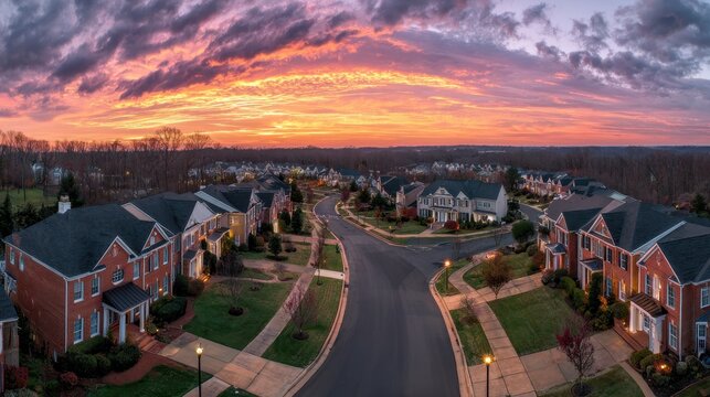 Aerial sunset panorama of a gated luxury residential street with brick-faced homes in a quiet cul-de-sac