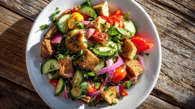 Asian-inspired fattoush-style salad on a white plate with pita croutons, cucumber, tomato, red onion and fresh herbs