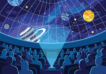 People in a planetarium watching a projection of the solar system © Rangga