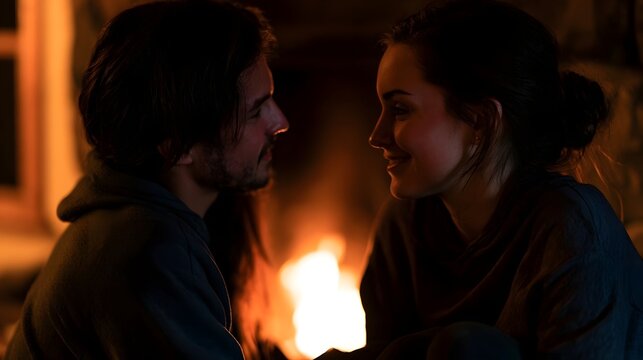 Two people share a gentle gaze within a cozy fireside nook creating an atmosphere of deep connection and calm int y