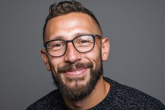 Cheerful man with trendy haircut wearing glasses, headshot on a neutral gray background