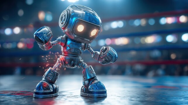 Chrome finish toy robot poised for combat with neon highlights