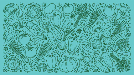 Hand drawn vegetable doodle background pattern with vegetables vegetable nutrition background ingredients handdrawn vegetation vegetarian agriculture illustration broccoli © tecna