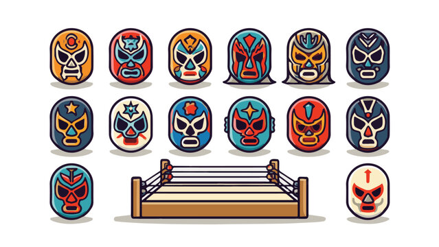 Colorful Mexican Lucha Libre Masks Displayed with Boxing Ring.