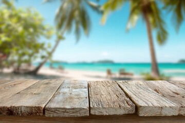 Fototapeta premium Rustic Wooden Table with Tropical Beach and Palm Trees Background.