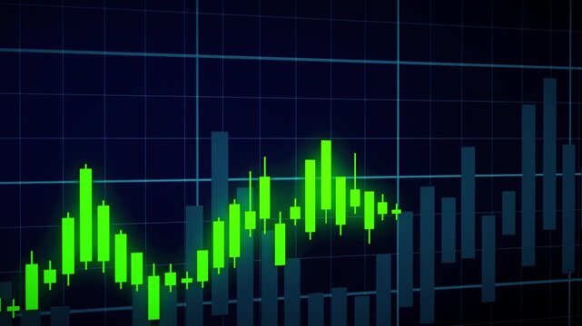 Green candlestick chart moving on blue financial grid background.