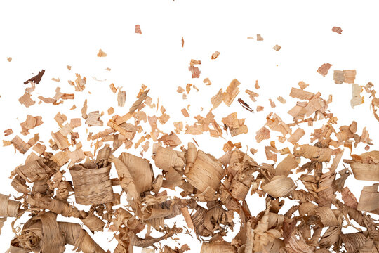 Scattered wood shavings and curled sawdust chips isolated on a Transparent background, showing natural texture, woodworking waste, and rustic material for craft or carpentry themes.