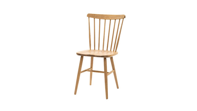 Elegant light brown wooden dining chair featuring a classic spindled backrest design and smooth finished natural timber texture presented isolated as a high quality on transparent background