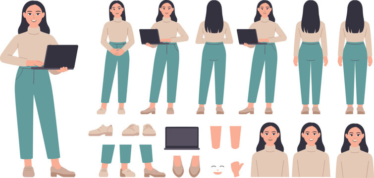 Business woman character creation set with front back side view poses animation gestures and expressions vector illustration
