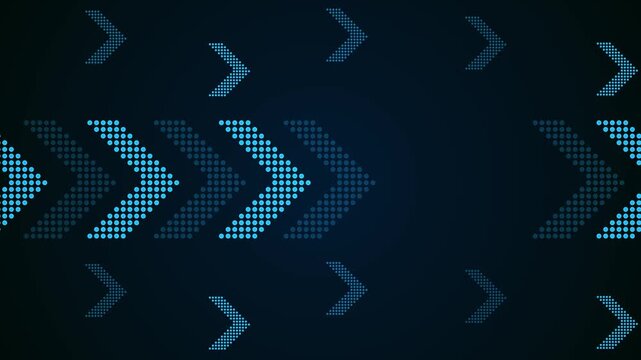 Abstract dark technology background with dotted chevron arrows pointing right in gradient animation