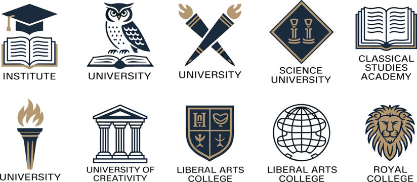 University logo emblem set with heraldic shield owl torch lion head and graduation cap for academy education vector illustration