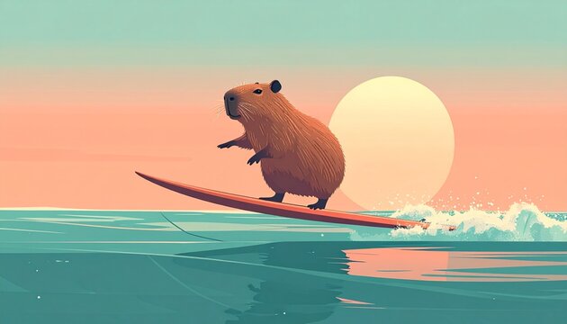 Capybara balancing on a longboard surfing across turquoise ocean waves at sunrise with a glowing orange sun and warm golden light creating a serene...