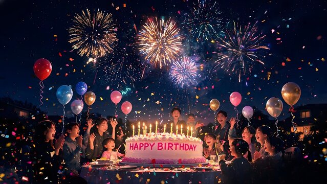 Happy birthday party celebration guests festive cake balloons colorful fireworks falling paper confetti.