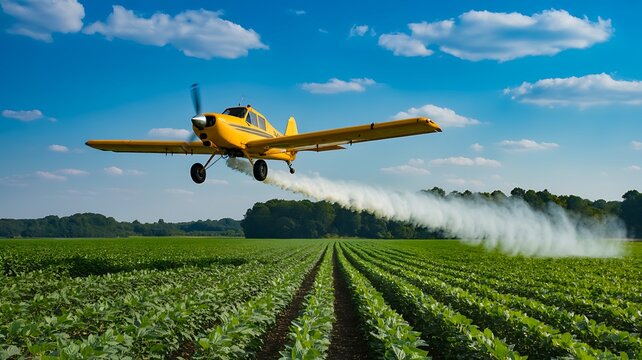 Agricultural aircraft spraying crops over green farmland under blue summer sky