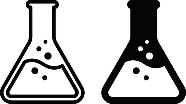 Set of two erlenmeyer flask icons with chemical liquid and bubbles, laboratory glassware symbols for science and chemistry experiments