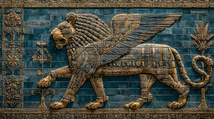 Fototapeta premium ishtar. Glazed brick relief of a lion against lapis lazuli blue background with gold accents, intricate patterns. event programs.