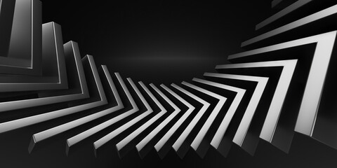 Fototapeta premium Monochrome curved chevron staircase composition with dramatic contrast for dark background and poster design .3d render