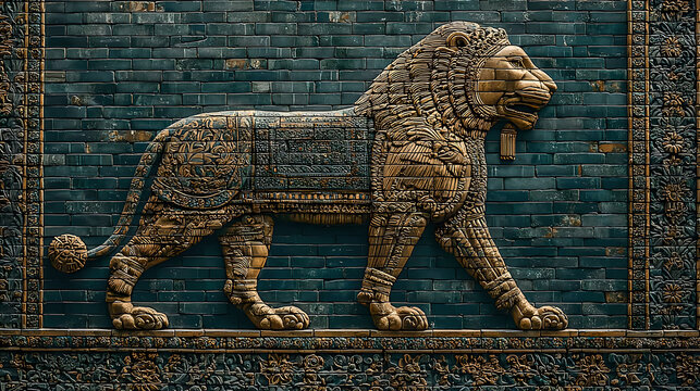 ishtar. Glazed brick relief of a lion against lapis lazuli blue background with gold accents, intricate patterns. event programs.