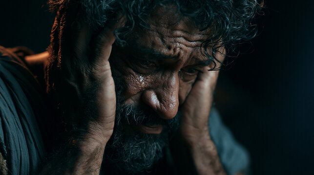 Raw emotion and despair concept: Dramatic close-up portrait of a crying senior man holding his head in his hands. Biblical Apostle Peter repentance, deep mental struggle, grief, and depression.