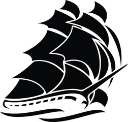 Stylized black and white silhouette of a majestic tall sailing ship featuring curved sails and sharp lines on white background © Raihan