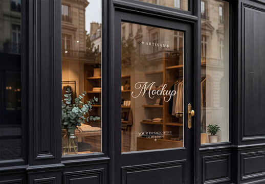 Shop Glass Window Mockup with Storefront Reflection