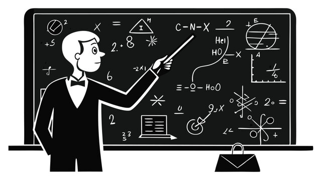 Professional professor in a formal suit points at complex mathematical formulas written on a large dark classroom chalkboard surface area