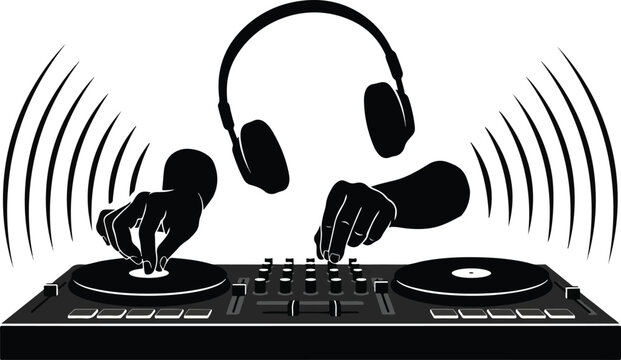 Dj playing music on a turntable console with headphones