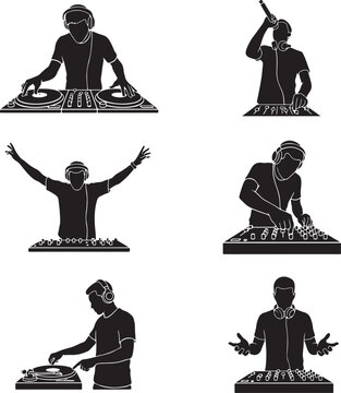 Set of silhouettes of djs performing music on turntables and mixing consoles