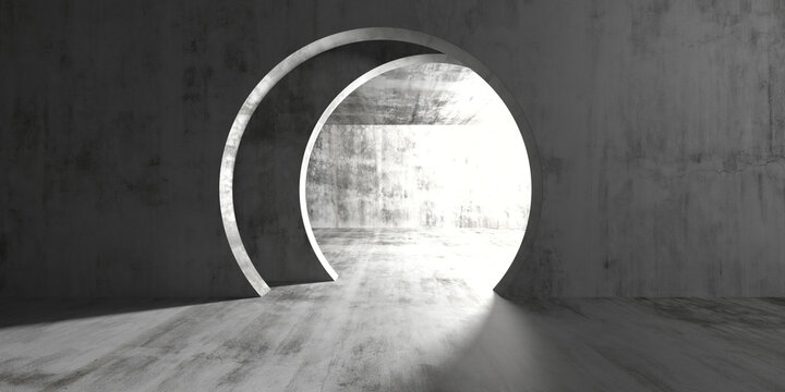 Circular portal doorway in concrete room with bright exterior light for surreal entrance background and architectural wallpaper.3d render