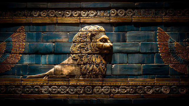 ishtar. Glazed brick relief of a lion against lapis lazuli blue background with gold accents, intricate patterns. event programs.