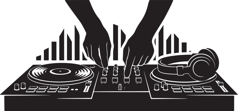Dj hands mixing music on professional turntable controller with headphones