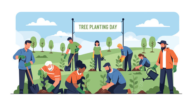 People planting trees on a sunny day