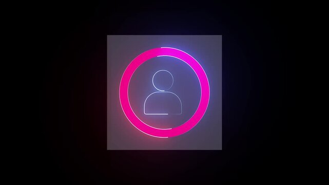 Futuristic neon circle frame with human silhouette animation, glowing circular ring surrounding a standing businessman, smooth rotating light trails..