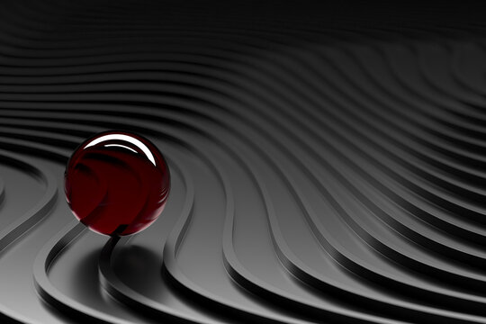Red glass sphere on black ripple surface for minimalist background and product display with dramatic reflections .3d render