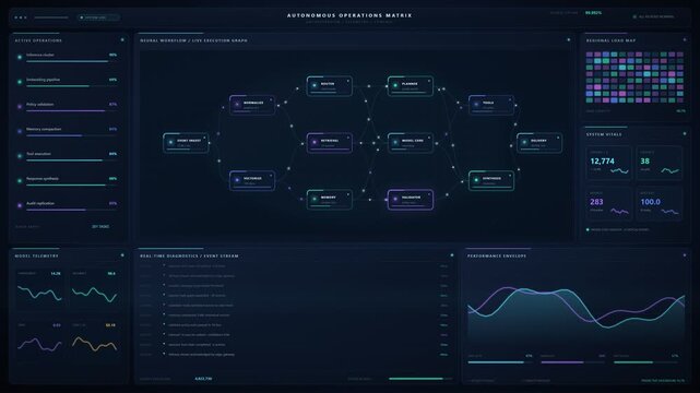 Autonomous AI Agents Operations Matrix Dashboard UI. Dark mode interface featuring a live neural workflow graph, system vitals, and AI data visualization.
