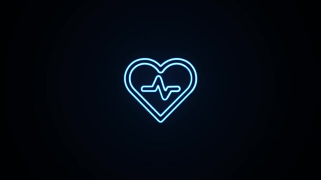 Blue neon heart with heartbeat pulse