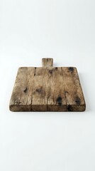 Fototapeta premium Rustic wooden cutting board with handle, featuring aged wood grain texture and dark knots, isolated on white background for kitchen design use.