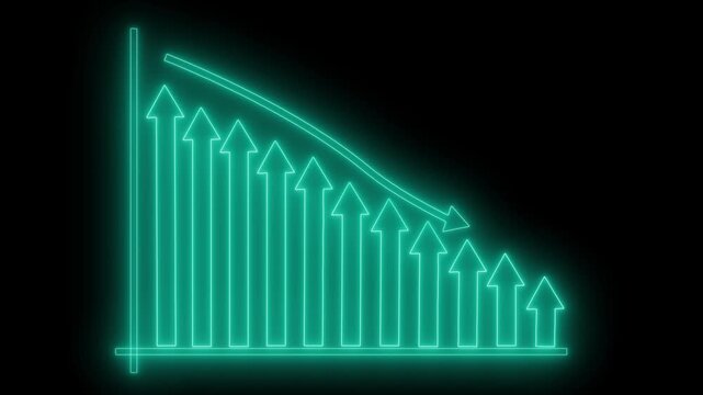 Neon-style glowing line graph background showing descending upward arrows animation