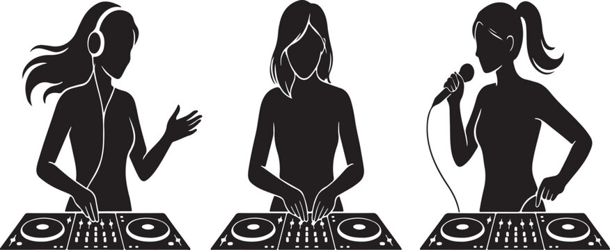 Set of silhouettes of female djs performing music on turntables