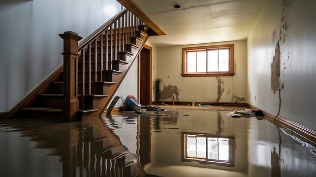 Flooded residential basement with standing water after severe water damage