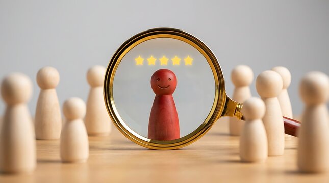 Magnifying glass focusing on a red wooden figure with five gold stars for talent recruitment and employee evaluation concept