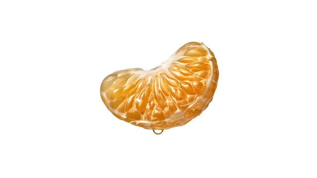 Fresh and juicy slice of sweet mandarin orange segment with a single water droplet dripping down captured in high resolution studio lighting on transparent background