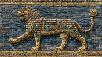 Fototapeta premium ishtar. Glazed brick relief of a lion against lapis lazuli blue background with gold accents, intricate patterns. event programs.
