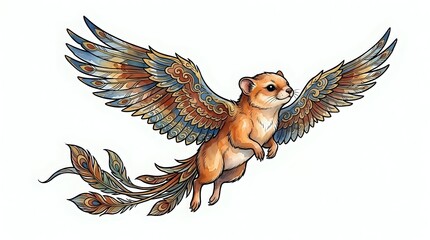 Fototapeta premium Winged dog with golden and blue feathered wings flying upward, isolated on white background, suitable for clipart, t-shirt design, and creative projects.