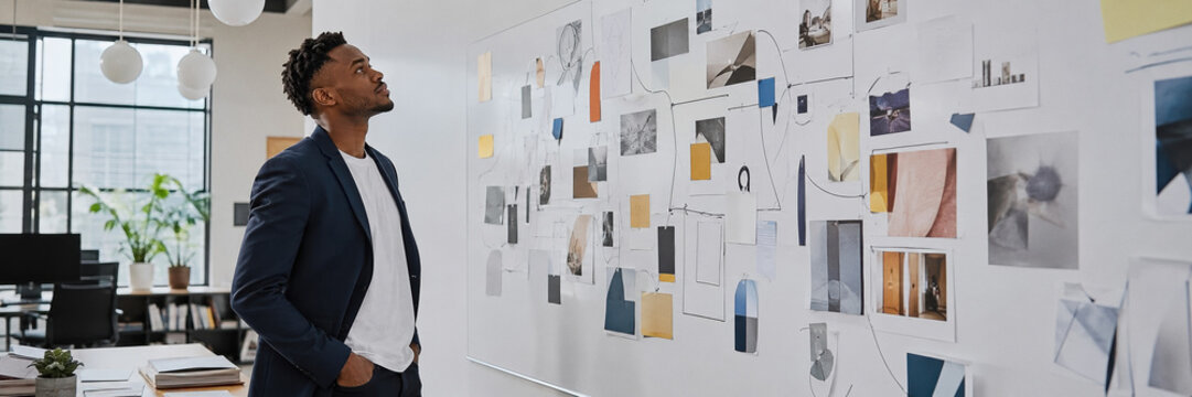 A young man examines a large design moodboard on a white wall, contemplating ideas in a bright modern office. He stands with hands in pockets and looks thoughtfully at pinned photos and sketches.