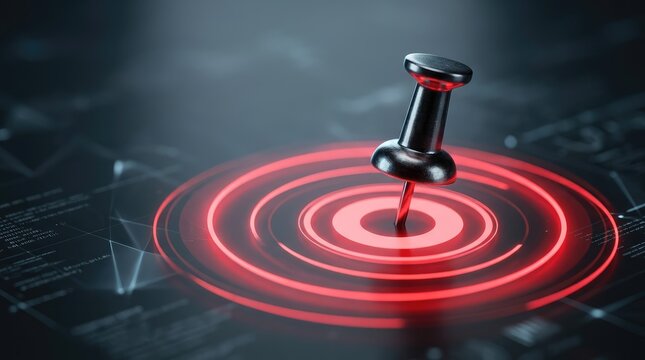 Push Pin with Metallic Shaft Marking a Glowing Target Ring for Strategy Planning and Precision Decision Concept
