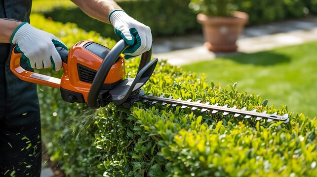 Professional gardener trimming green hedge with electric hedge trimmer in sunny backyard