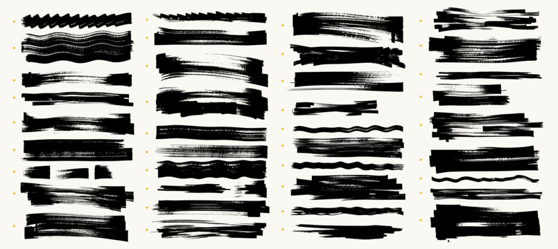 Permanent marker underline, highlight stroke set. Hand drawn marker lines with bold brush strokes, rough ink marks, sketchy highlights, grunge scribbles, texture emphasis elements for text, banners.