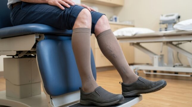 Man wearing compression socks while sitting on a medical examination chair