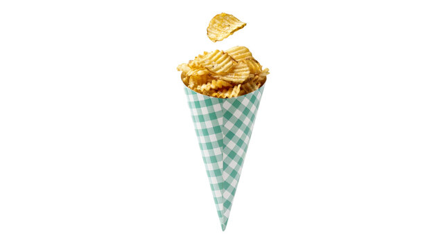 Crispy golden ridged potato chips served inside a classic green and white checkered paper cone for a delicious salty snack isolated on transparent background
